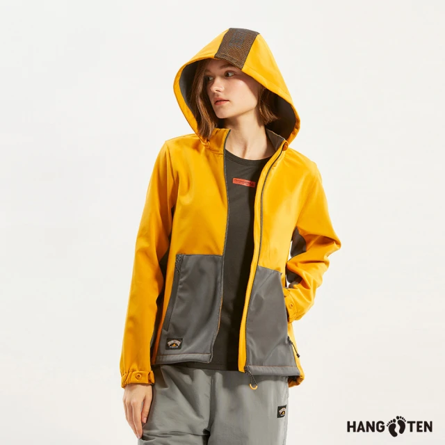 Hang Ten 女裝-恆溫多功能-防風防輕潑水可拆帽貼合軟殼刷毛撞色外套(黃)