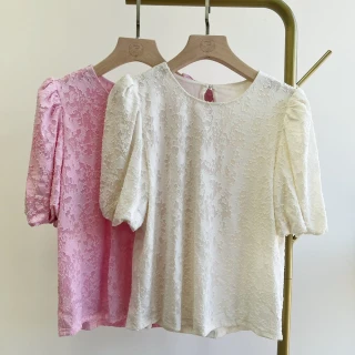 【MANI 瑪尼】韓版 圓領緹花寬鬆上衣-兩色 米白色.粉紅色(上衣)