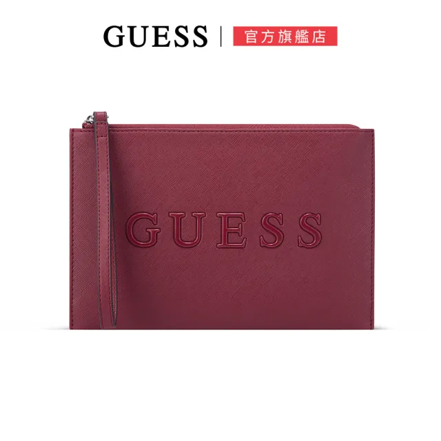 【GUESS】簡約素色LOGO拉鍊手拿包(酒紅)