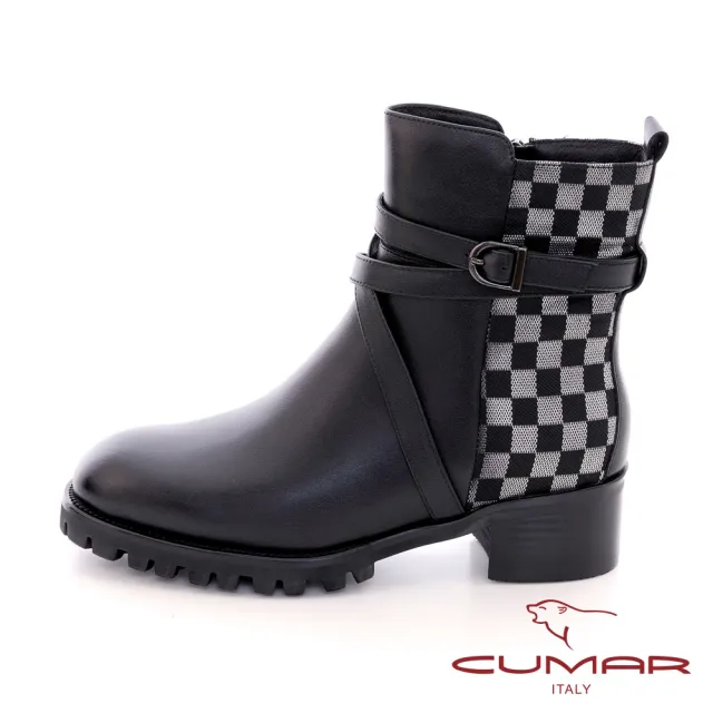 【CUMAR】皮帶拼接平底短靴(黑格紋)