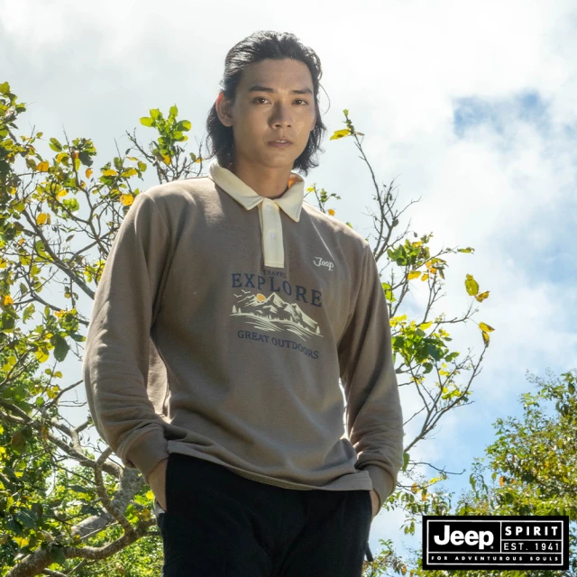 JEEP 男裝 山岳圖騰印花長袖POLO衫(咖啡色)