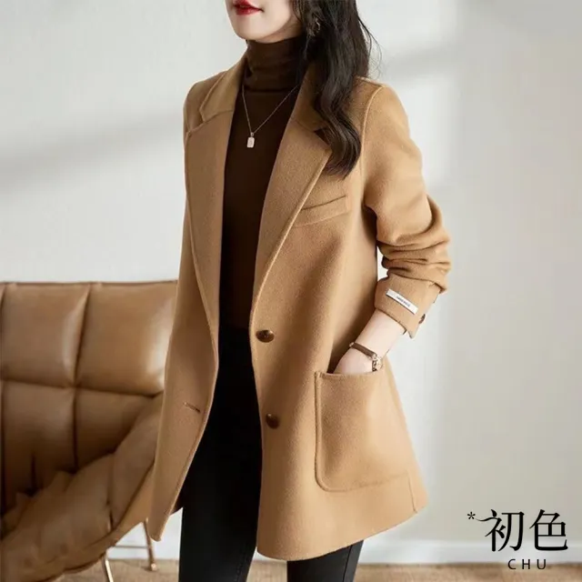【初色】赫本風束腰大翻領中長版西裝毛呢大衣外套-共3色-64916(M-2XL可選)