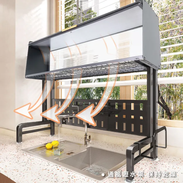 【ONE HOUSE】升級碳鋼_瀝川掀門左右伸縮水槽碗盤瀝水架+豪華配件 1入(碗盤架/瀝水架/水槽架/廚房置物架)