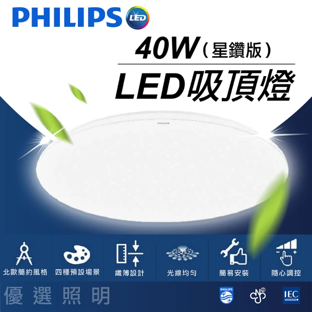 Philips 飛利浦 靜欣 40W星鑽 遙控調光吸頂燈(4~8坪 遙控 壁切)