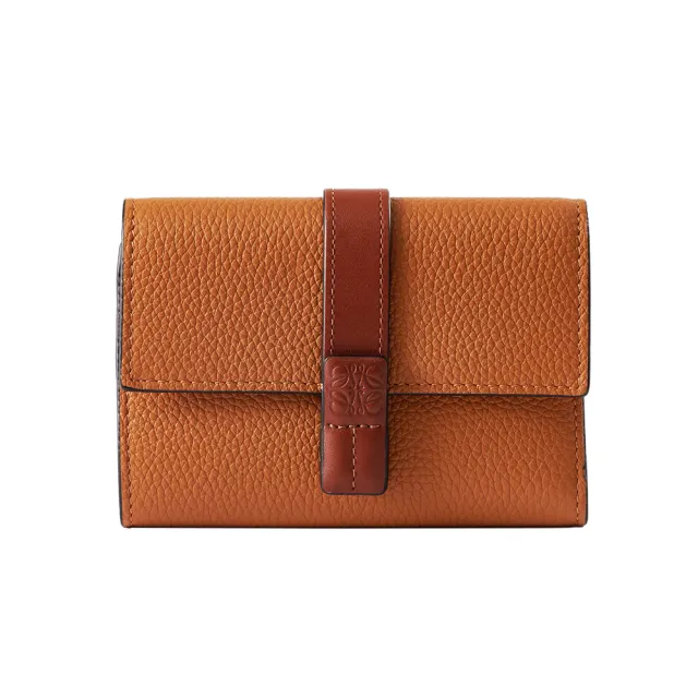 【LOEWE 羅威】經典柔軟粒面牛皮撞色短夾(棕/內層紅)