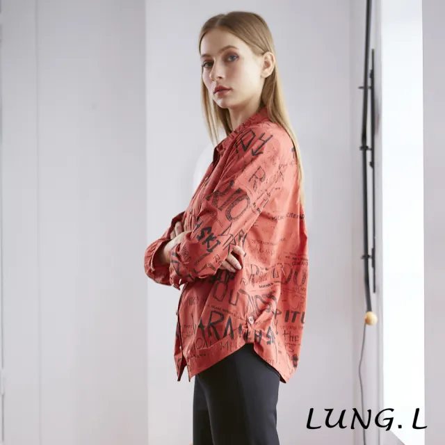 【LUNG.L 林佳樺】LN39A 橘色英文字印花長袖棉質女裝襯衫(女裝 棉質)