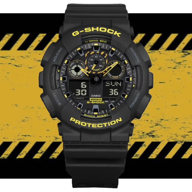 【CASIO 卡西歐】G-SHOCK 堅固時尚 酷炫黑黃色彩大圓雙顯錶(GA-100CY-1A 防水200米)