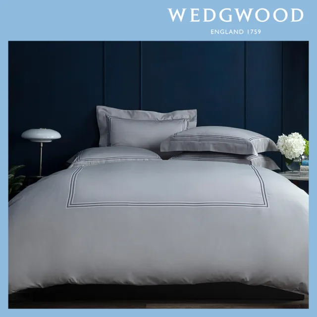 【WEDGWOOD】400織長纖棉刺繡 被套枕套床包四件組-葉之華(加大-灰綠)