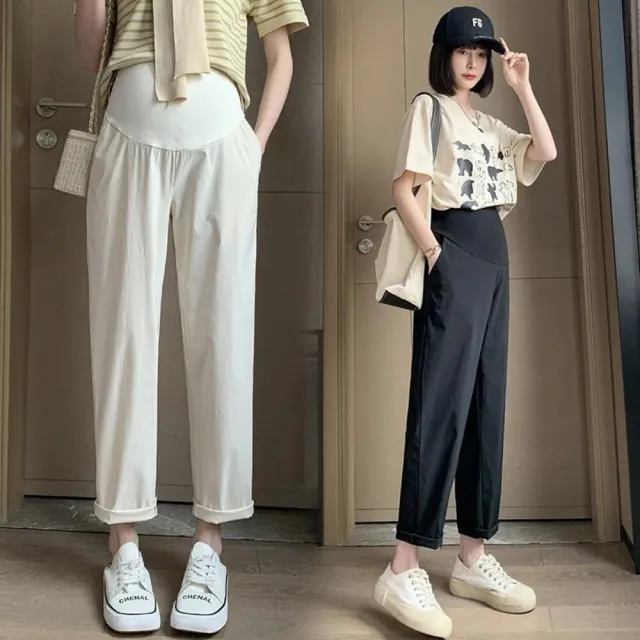 【漂亮小媽咪】春夏 彈力哈倫褲  直筒褲 九分 孕婦 高腰 托腹褲 薄款 親
