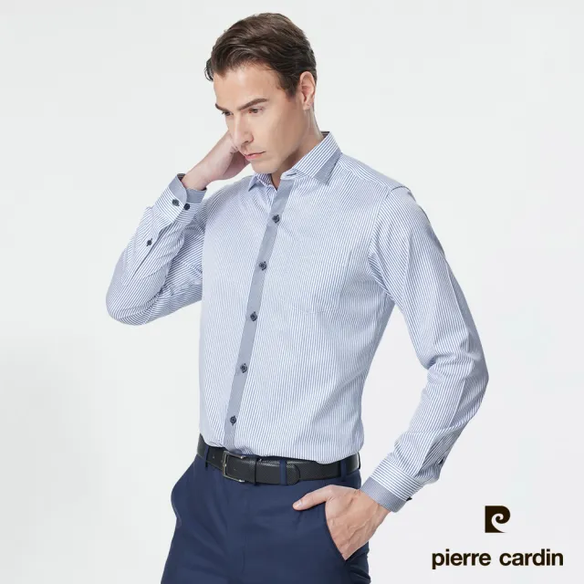 【pierre cardin 皮爾卡登】男襯衫 合身版舒適抗皺棉混紡定位條紋長袖襯衫_白底藍條(82809-33)