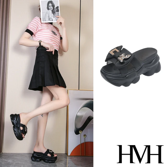 【HMH】厚底拖鞋 蝴蝶結拖鞋/氣質金屬扣緞面蝴蝶結造型厚底拖鞋(黑)
