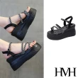 【HMH】坡跟涼鞋 厚底涼鞋 縷空涼鞋/撞色格子鑽鍊縷空線條造型厚底坡跟涼鞋(黑)