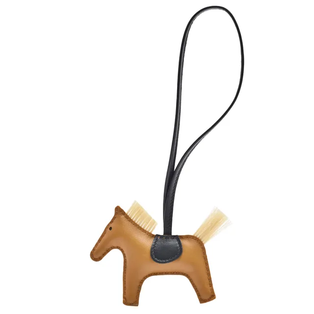 【Hermes 愛馬仕】RODEO MM 馬兒造型拼色小羊皮馬毛鑰匙圈/吊飾(迷你-棕/黑色H064929CA-BROWN-BLK)