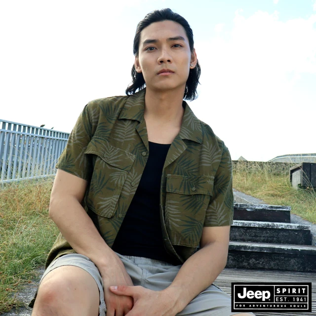 JEEP 男裝 簡約夏日印花短袖襯衫(橄欖綠)評價推薦