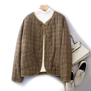 【ACheter】復古文藝國潮格子寬鬆休閒顯瘦V領棒球服夾棉短外套#119592(綠/咖)