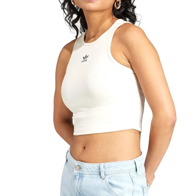 【adidas 愛迪達】Rib Tank 女款 米色 休閒 穿搭 造型 短版 圓領 羅紋 背心 IJ8257