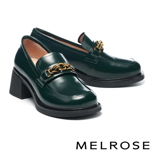 MELROSEMELROSE 美樂斯 質感美學純色鍊條開邊珠牛皮樂福高跟鞋(綠)