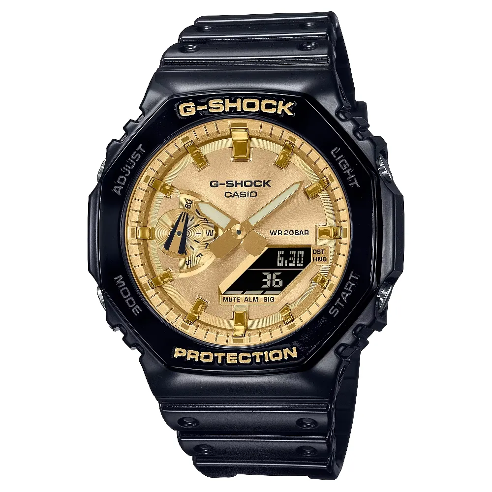 【CASIO 卡西歐】冷酷精緻金屬色彩八角形雙顯錶 45.4mm(GA-2100GB-1A)