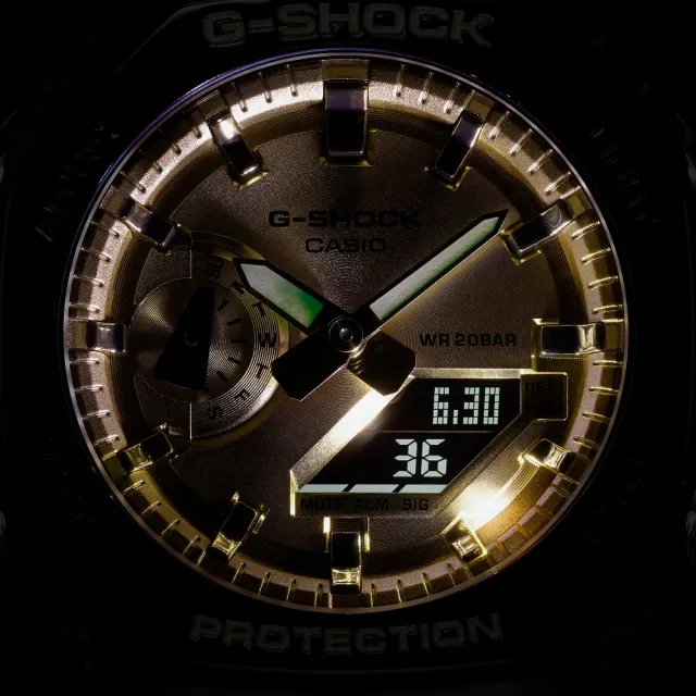 【CASIO 卡西歐】冷酷精緻金屬色彩八角形雙顯錶 45.4mm(GA-2100GB-1A)