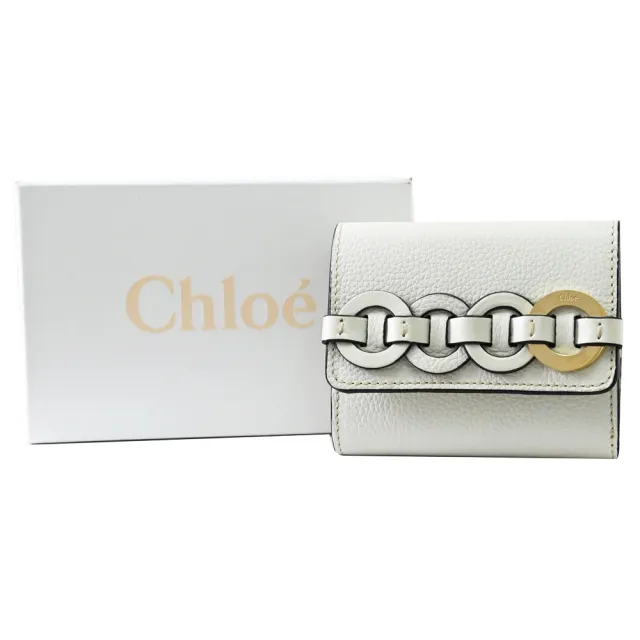 【Chloe’ 蔻依】DARRYL 品牌金屬小牛皮編織造型三折零錢短夾(白)