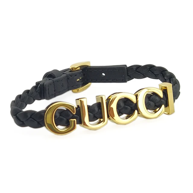 GUCCI 古馳 金色Logo字樣黑色編織皮革中性手環(新款)