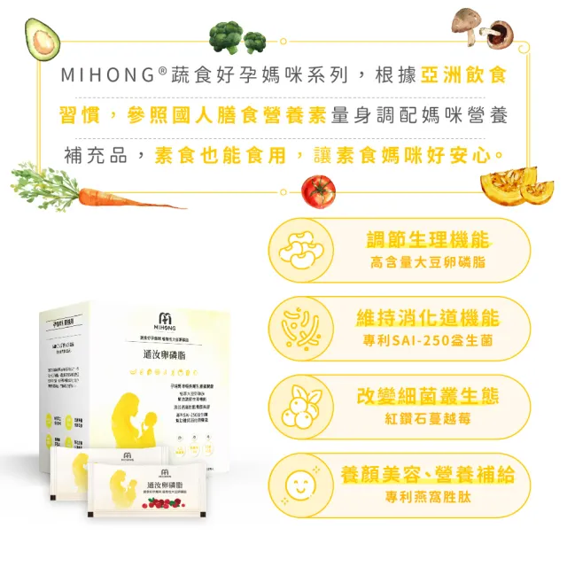 【MIHONG米鴻生醫】通汝卵磷脂x1盒(30包/盒-孕後哺乳期適用素食可食-添加蔓越莓.燕窩.益生菌)