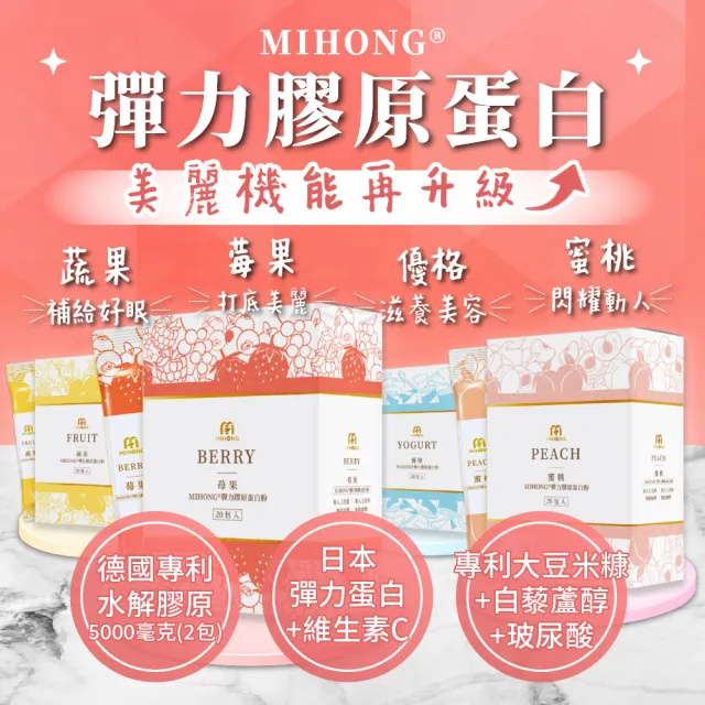 【MIHONG米鴻生醫】彈力膠原蛋白粉3盒(20包/盒 打底莓果/好眠蔬果/閃耀蜜桃/滋養優格任選)