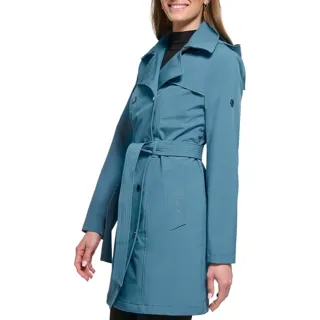 【Calvin Klein 凱文克萊】2023女時尚雙排扣束附靛藍色長版連帽風衣-網(預購)