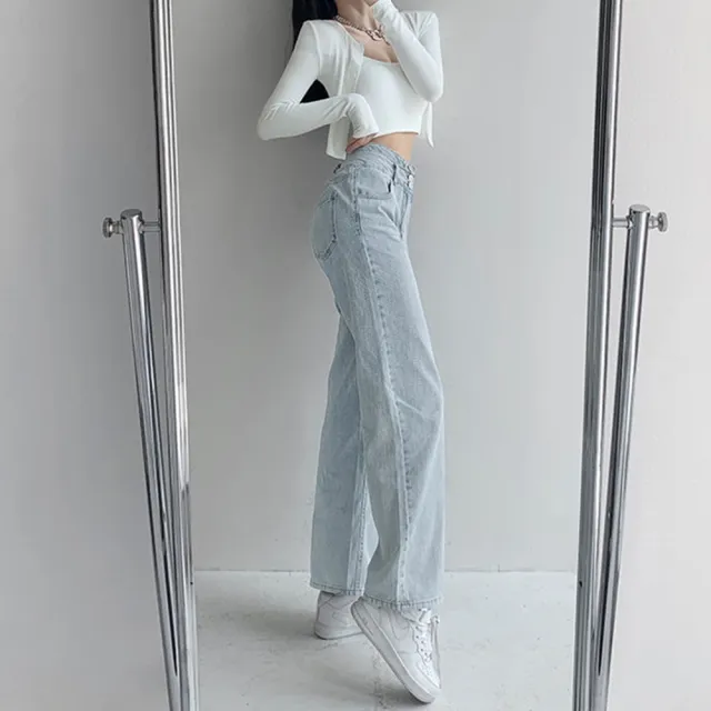【D.studio】韓版復古色系高腰排扣直筒牛仔寬褲(長褲 拖地褲落地褲寬褲褲子長褲女裝高腰牛仔褲 P169)