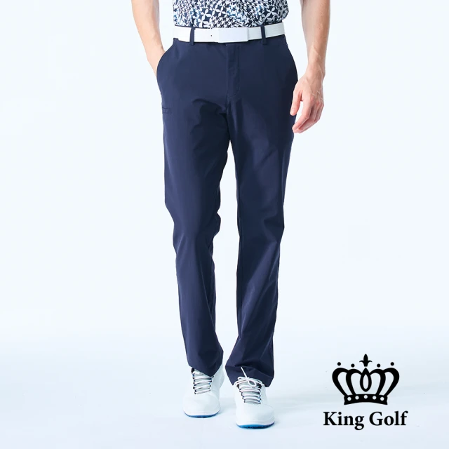 KING GOLF 門市新品-男款超彈力舒適英文繡花素面休閒高爾夫球長褲(深藍)