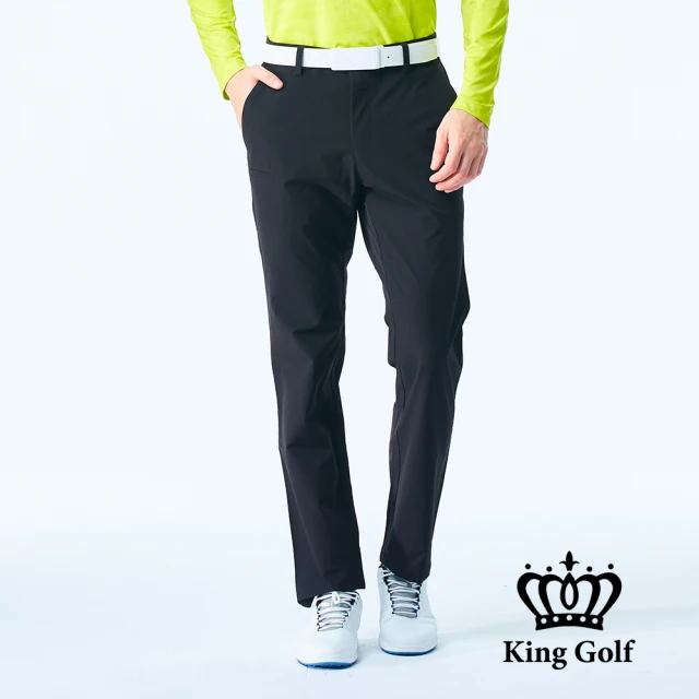 KING GOLF 門市新品-男款超彈力舒適英文繡花素面休閒高爾夫球長褲(黑色)