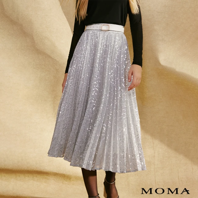 MOMAMOMA 優雅風格壓褶亮片裙(銀色)