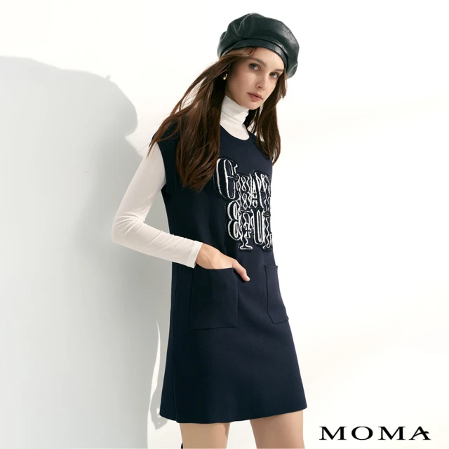 MOMA 趣味字母落肩針織洋裝(深藍)