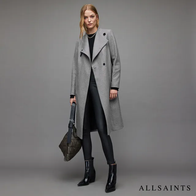 【ALLSAINTS】俐落剪裁中長版羊毛大衣/ 騎士皮衣 WO189V(常規版型)