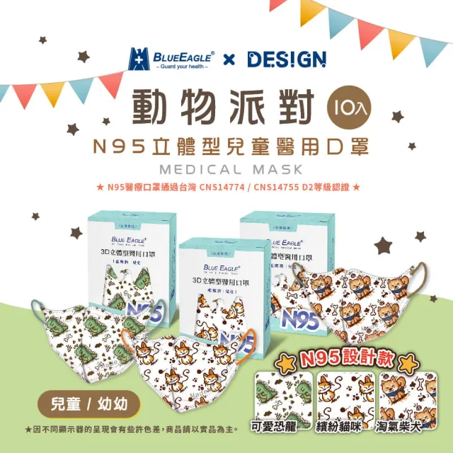 【藍鷹牌】N95立體型兒童/幼幼醫用口罩 動物派對系列 10片x2盒(2種尺寸-三款可選)