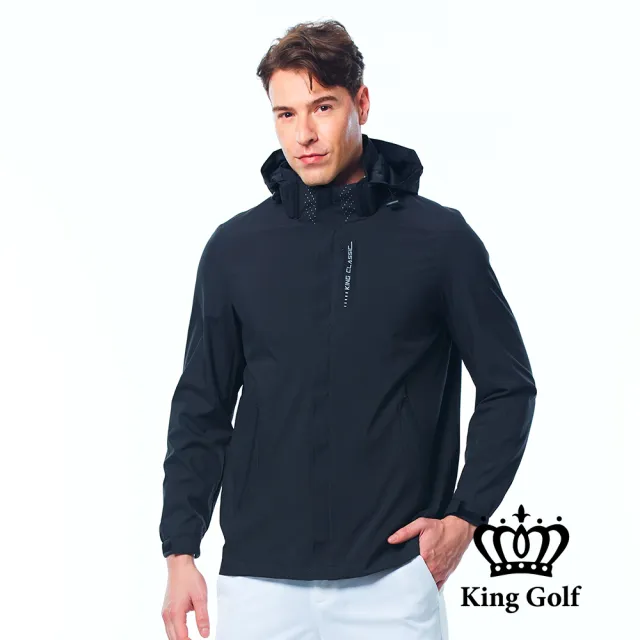 【KING GOLF】男款LOGO印花防風防雨保暖兩件式衝鋒外套(黑色)