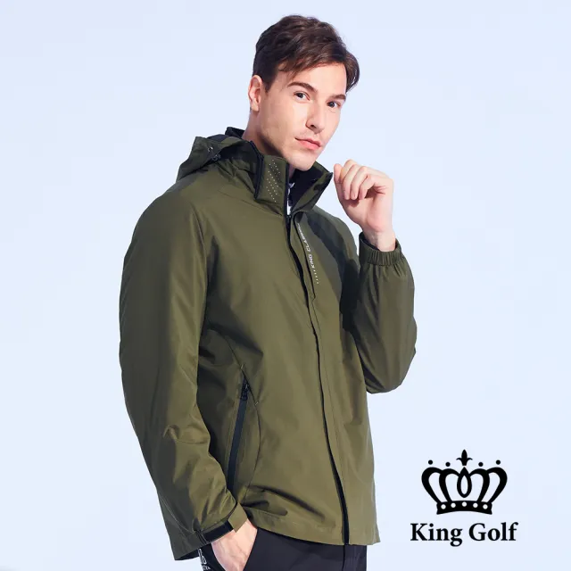 【KING GOLF】男款LOGO印花防風防雨保暖兩件式衝鋒外套(軍綠)