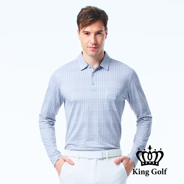 【KING GOLF】男款KG燙標滿版千鳥紋印圖薄款長袖口袋POLO衫/高爾夫球衫(淺灰)