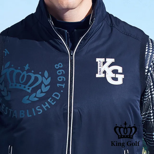 【KING GOLF】男款鋪棉立領厚款拉鍊高爾夫球外套背心(深藍)
