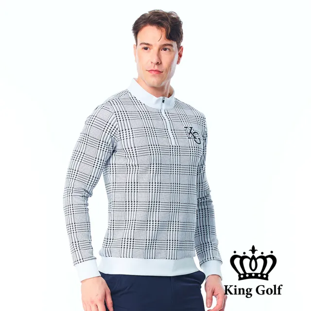 【KING GOLF】男款中厚款小立領滿版千鳥格圖形長袖POLO衫/高爾夫球衫(白色)