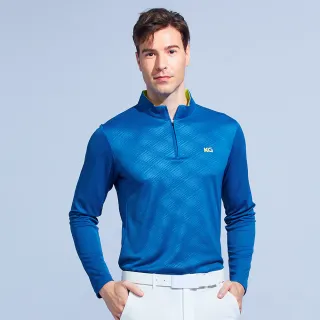 【KING GOLF】男款薄款立領拉鍊菱格線條印圖長袖POLO衫/高爾夫球衫(藍色)