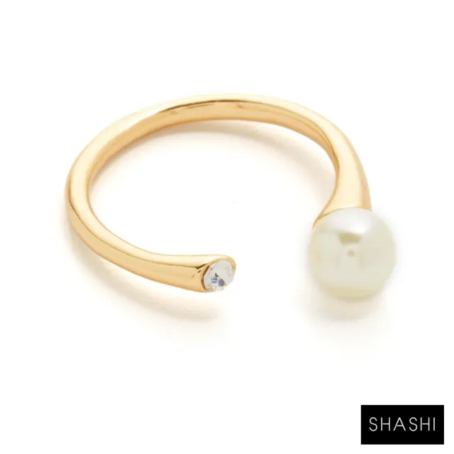 【SHASHI】紐約品牌 MONA 珍珠白鑽雙墜 C型戒指 925純銀鑲18K金(珍珠白鑽雙戒指)