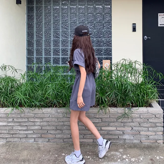 【D.studio】韓版收腰顯瘦工作服連衣裙(套裝短褲短袖上衣短袖t恤女裝顯瘦上衣寬鬆上衣素T洋裝 S197)