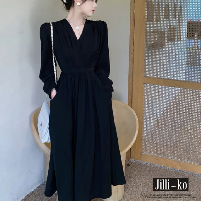 JILLI-KO 法式復古赫本風V領收腰顯瘦連衣裙-F(黑)
