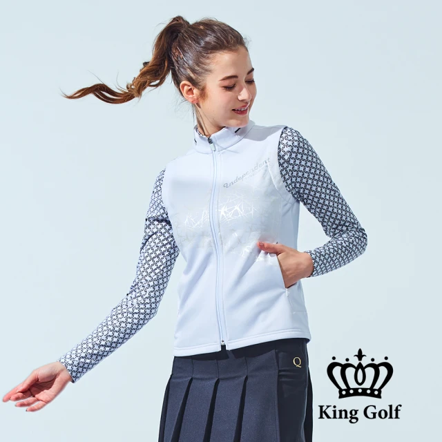 KING GOLF 門市新品-女款蜘蛛網線條拼接立領拉鍊背心外套(白色)