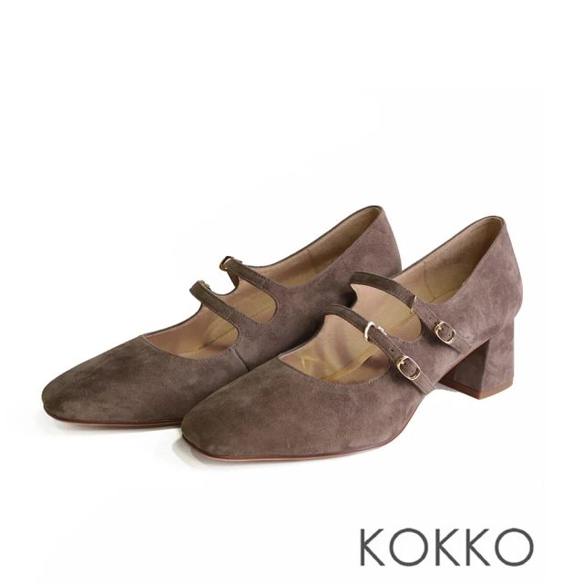 KOKKO 集團KOKKO 集團 復古優雅小方頭雙繫帶粗跟瑪莉珍鞋(駝色)