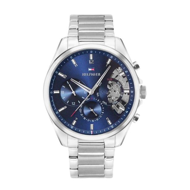 【TOMMY HILFIGER】Baker系列 銀殼 藍面 三眼日期顯示 鏤空設計 銀色不鏽鋼錶帶 手錶 男錶 母親節(1710448)