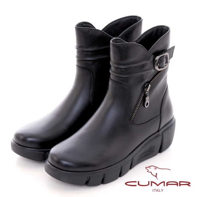 【CUMAR】V口厚底真皮短靴(黑色)