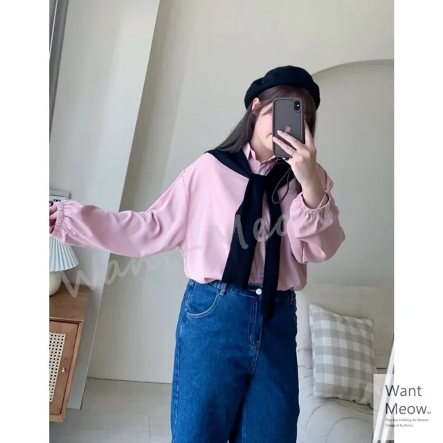 【Want-Meow】100公斤可穿/韓系簡約長袖束口有領雪紡襯衫(雪紡襯衫/束口罩衫/大碼襯衫/大尺碼襯衫)