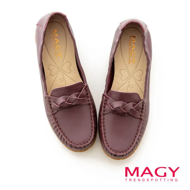 【MAGY】編織縫線真皮平底休閒鞋(紫色)